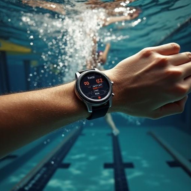 Schwimmer mit Smartwatch am Beckenrand