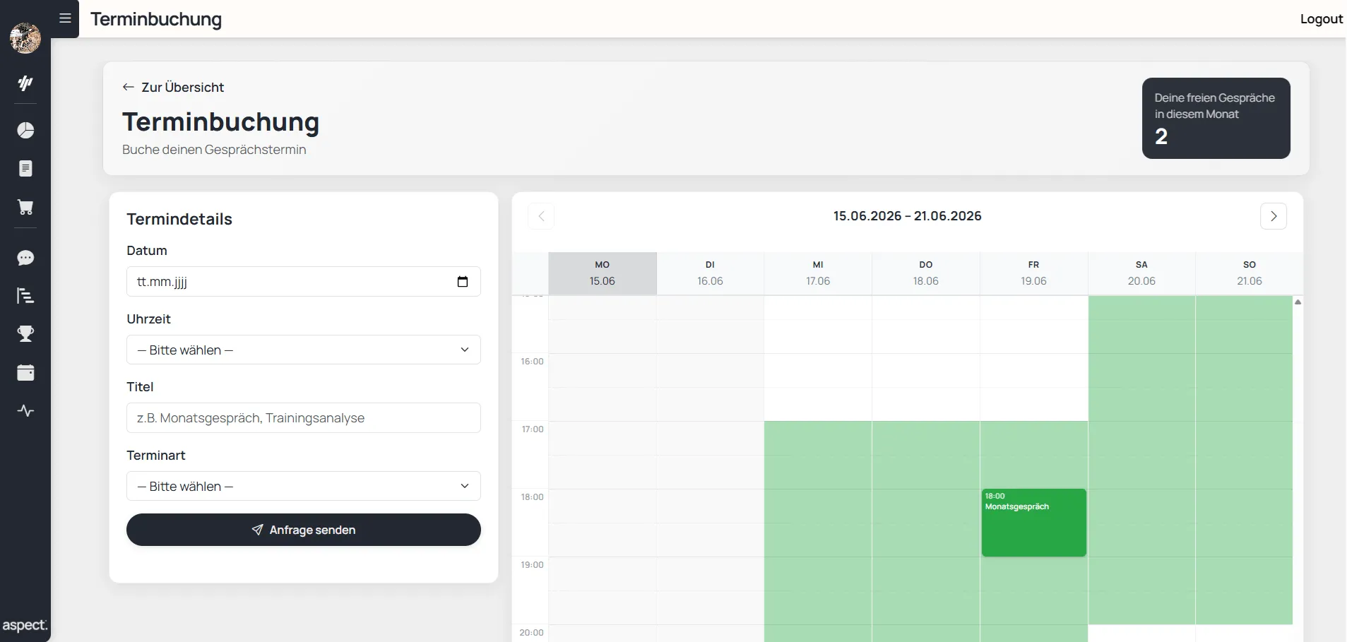 Kalenderansicht der Coach-Connect-Funktion in der Aspect App