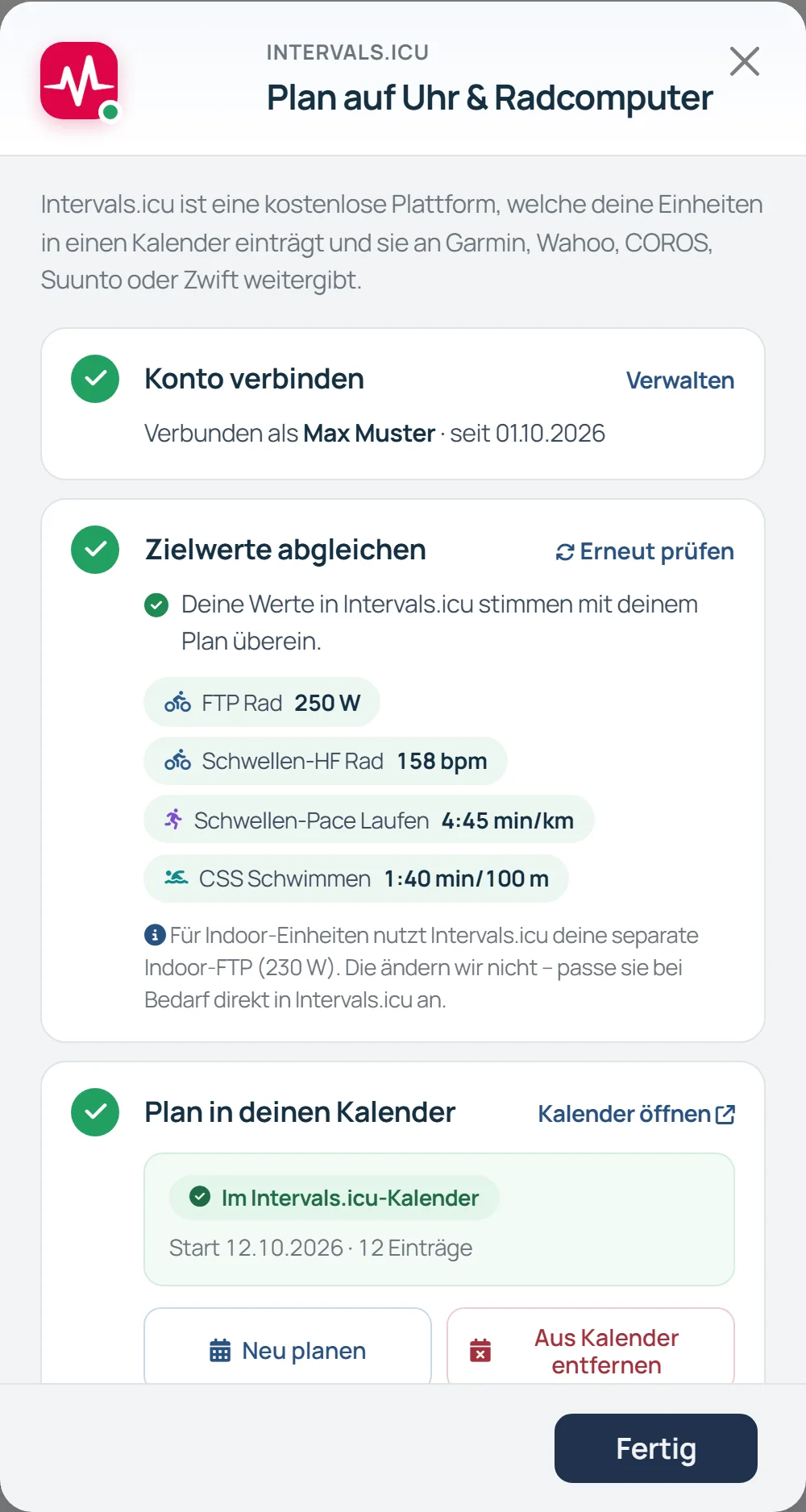 Fenster „Plan auf Uhr & Radcomputer“ in der Aspect App: Konto verbunden, Zielwerte abgeglichen, Plan im Intervals.icu-Kalender