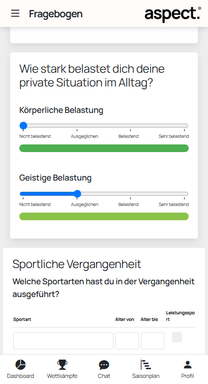 Aspect App Screenshot Eingangs Fragebogen