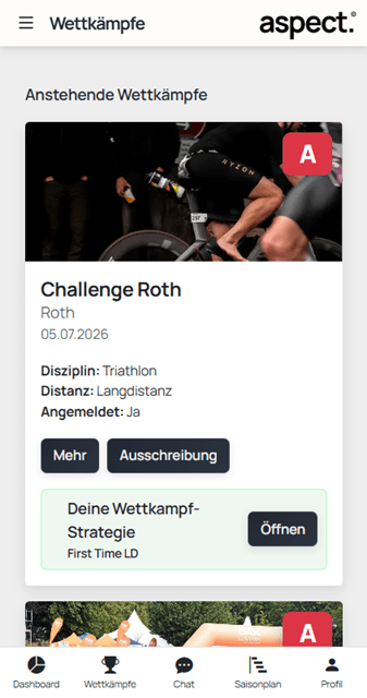 Aspect App Screenshot Wettkampf Übersicht