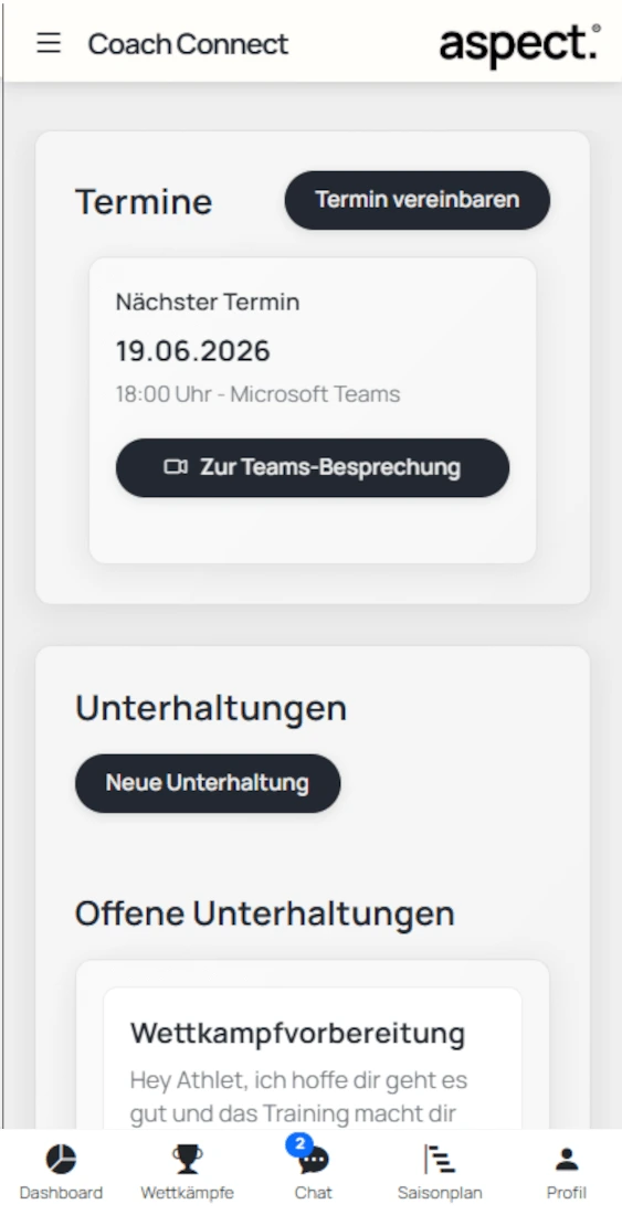 Screenshot aus der Aspect App. Termine buchen und Unterhaltungen starten.