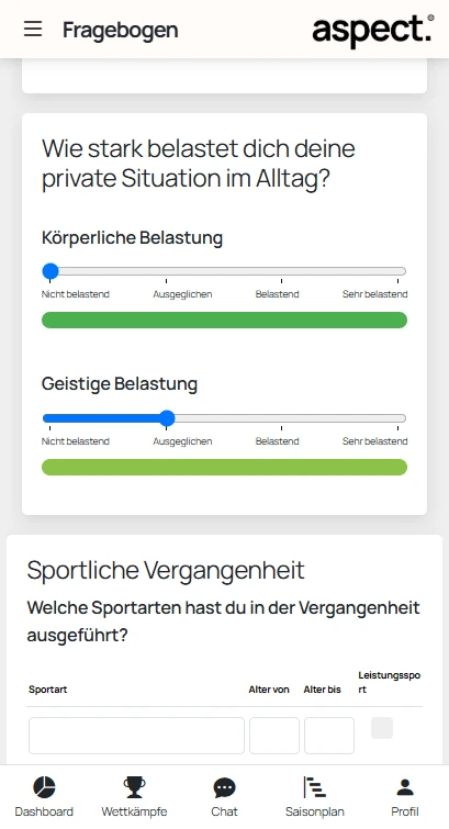 Aspect App Screenshot Eingangs Fragebogen